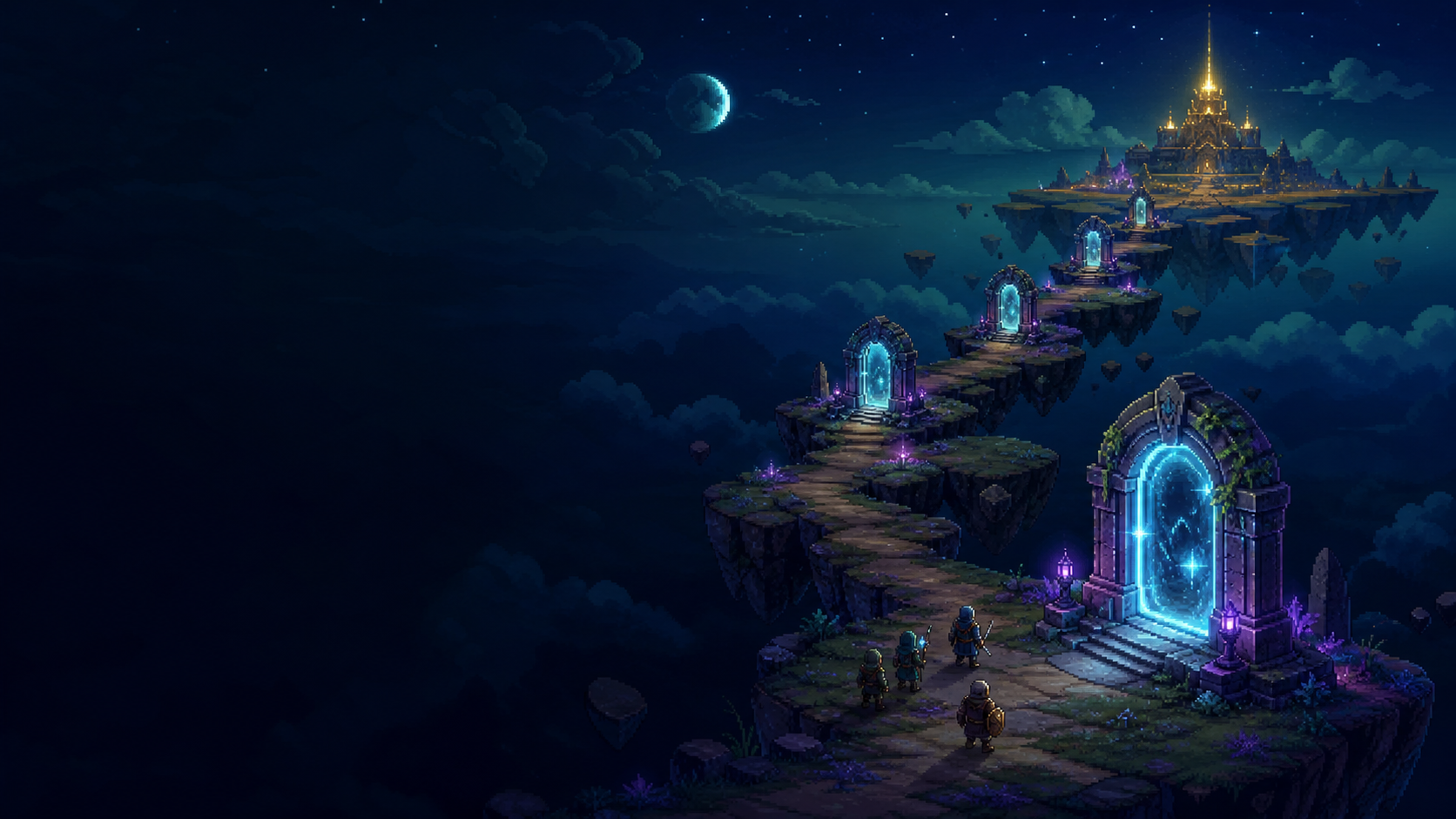 Original pixel-art expedition path and glowing portals used as a stage progression illustration